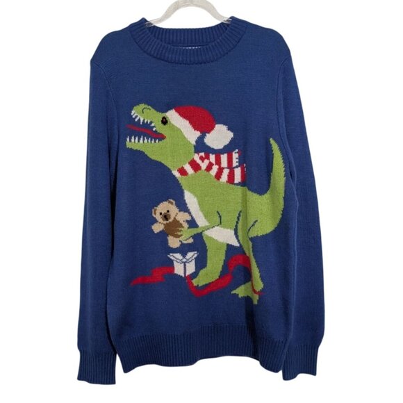 Tipsy Elves T Rex Teddy Bear Christmas Sweater Mens Size Medium Blue Dinosaur - Picture 1 of 7